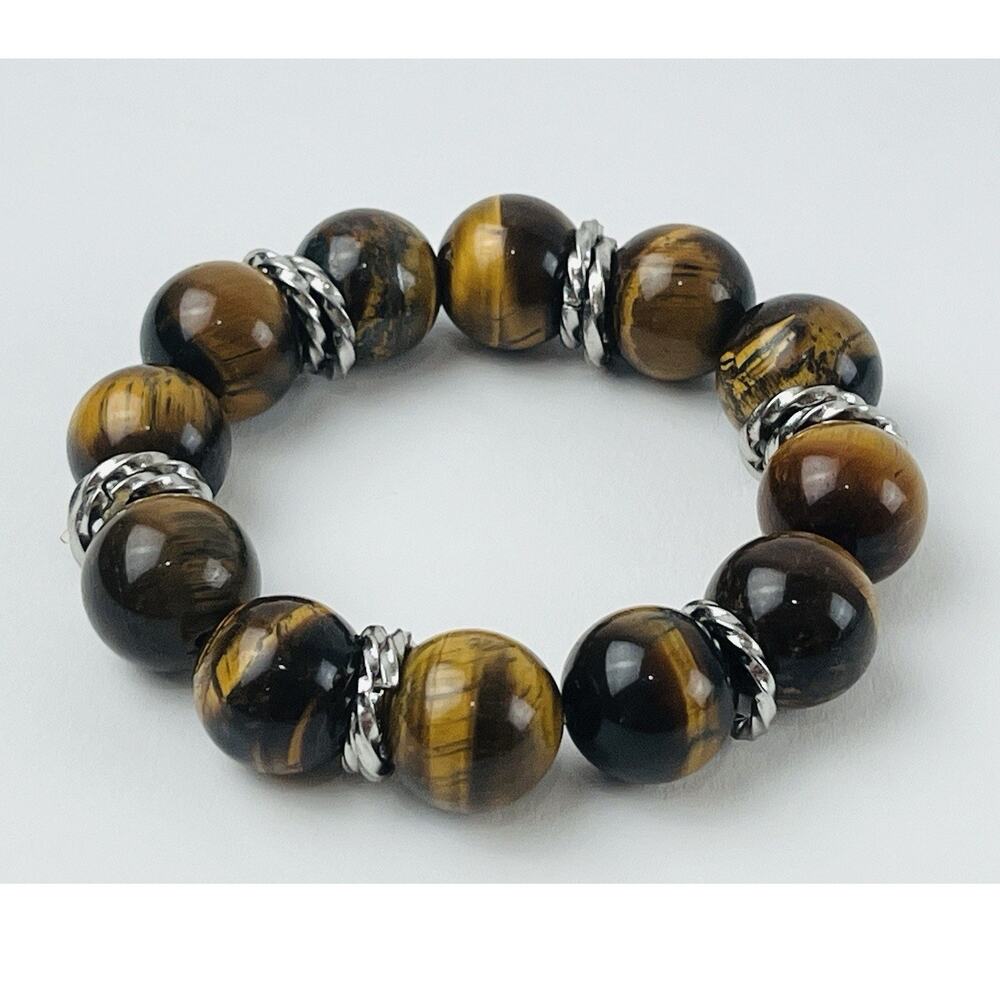 Large Bead Tigers Eye Mens Stretch Bracelet Women Silver Rings Brown Stone Natur